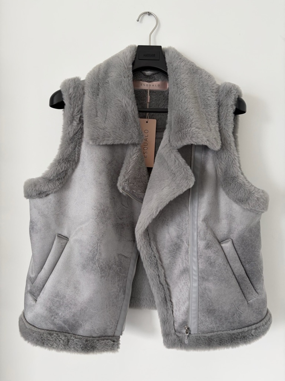 ESQUALO Light Gray Faux Shearling Zip Vest